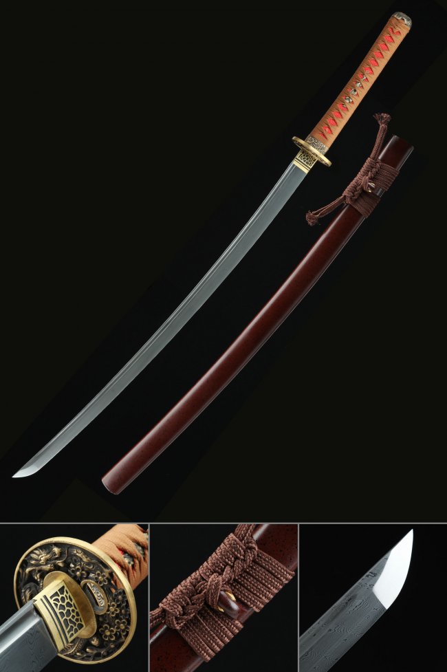 Damascus Steel Katana with Dark Red Lacquered Saya - Gold Flower Tsuba, Brown Ito Wrap