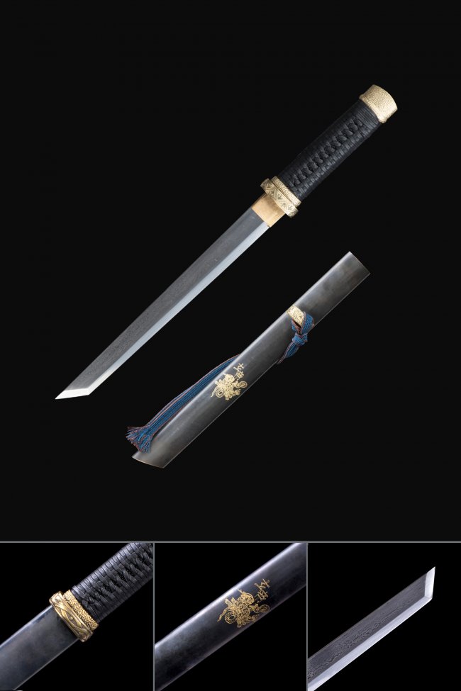 Damascus Steel Tanto with Copper Tsuba, Black Cord Handle in Gray Copper-Finished Saya