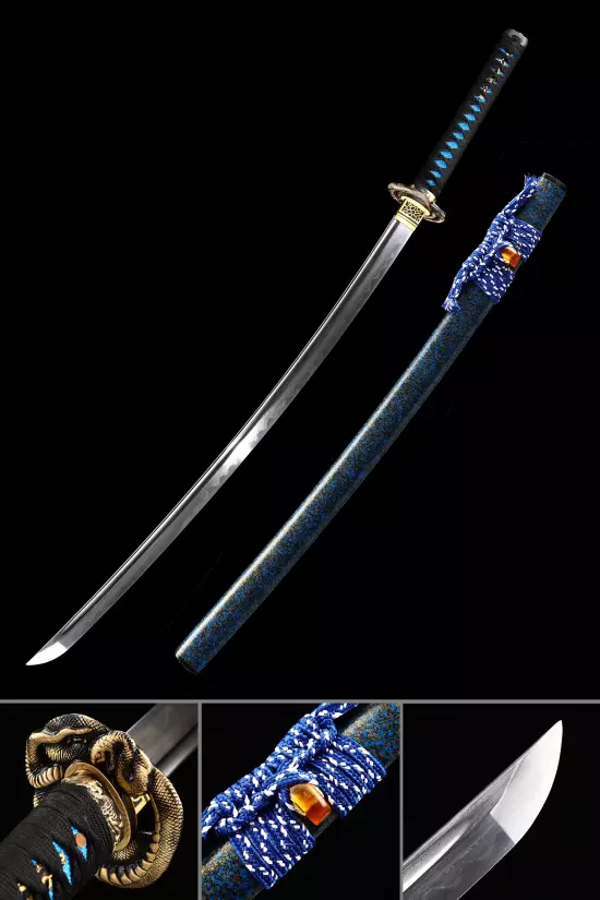 Handmade Japanese Samurai Sword Damascus Steel Real Hamon With Blue Scabbard