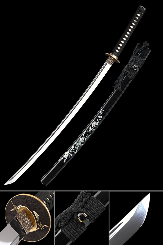 Samurai Tsuba 1095 Carbon Steel Katana, Handmade, Black Flower Saya & Black Tsuka