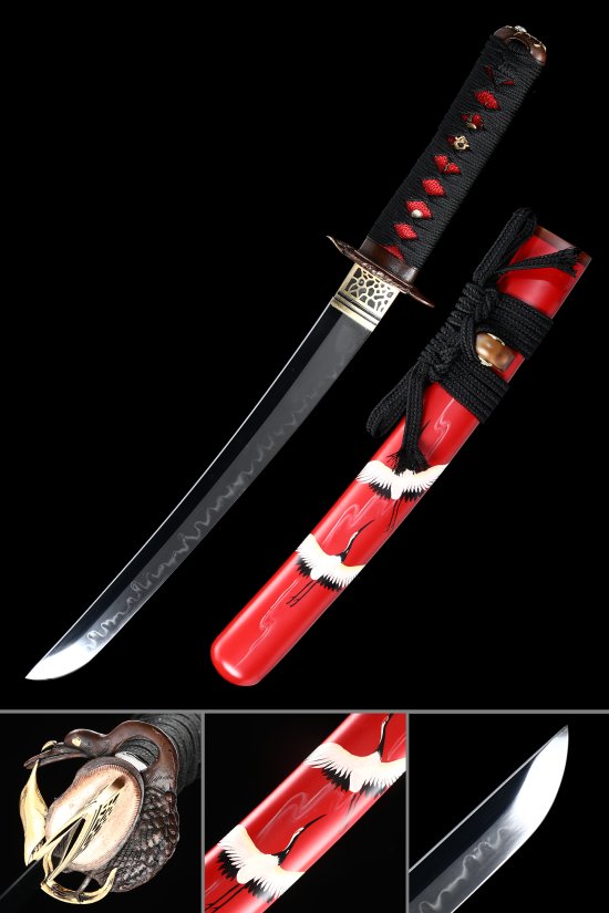 T10 Carbon Steel Tanto with Red Lacquer Crane Saya - Black & Red Tsuka, Bronze Tsuba