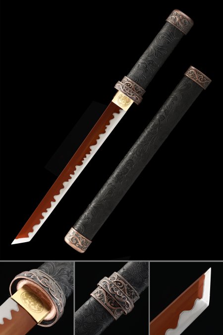 Handmade High Manganese Steel Red Blade Japanese Hamidashi Tanto Sword With Black Scabbard