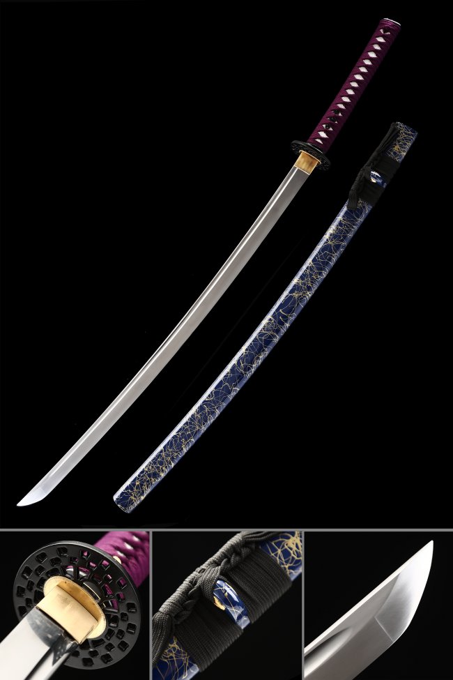 1045 Carbon Steel Katana with Blue Piano Lacquer Saya and Purple Tsuka Ito - Full Tang Collectible Sword
