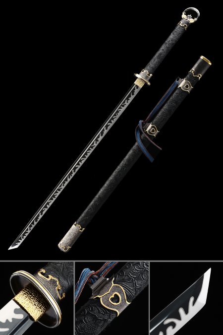 Handmade Chinese Dao Sword High Manganese Steel With Black Blade And Leather Scabbard