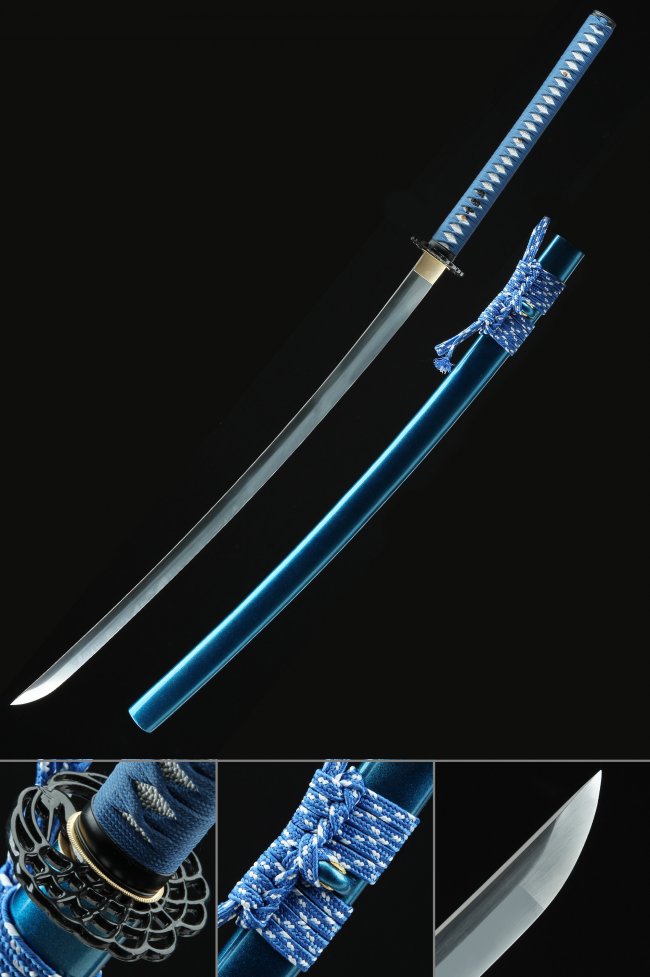 Manganese Steel Katana with Blue Piano Lacquer Saya and Alloy Chrysanthemum Tsuba - Extra Long Collectible