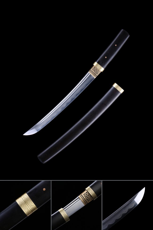 Damascus Steel Shirasaya Tanto with Clay-Tempered Hamon in Black Sandalwood Saya with Copper Fittings
