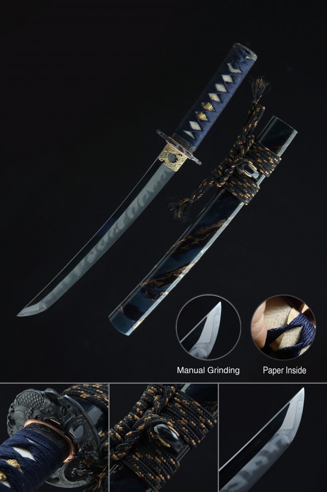 Clay Tempered T10 Steel Tanto with Real Hamon in Dark Blue Dragon Saya - Gold Alloy Wave Tsuba
