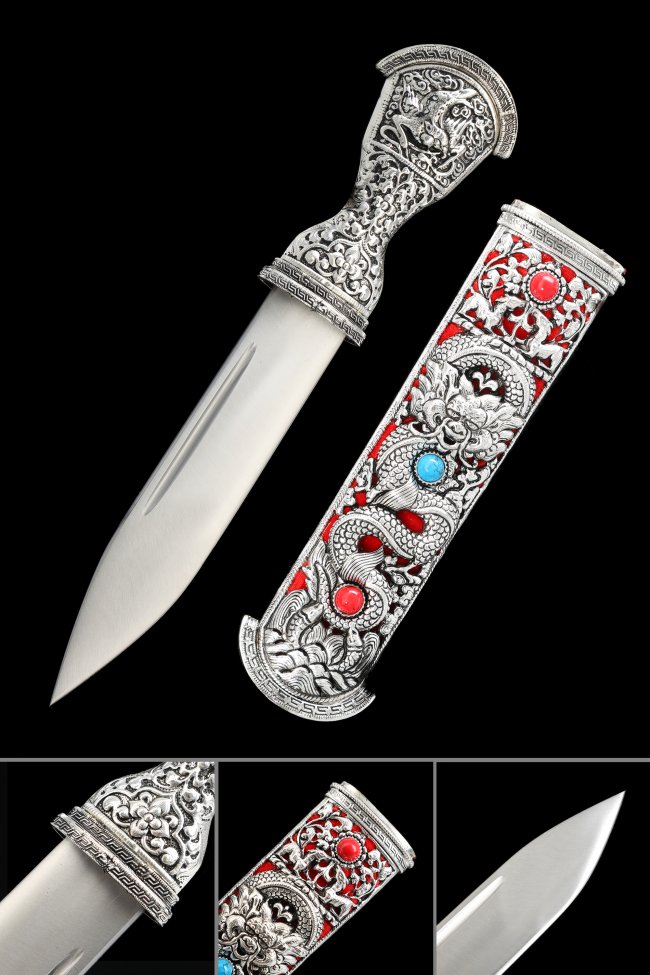 Tibetan Silver Dragon Knife - Handcrafted Carbon Steel Collectible With Turquoise Inlay & Silver Sheath 12.8 Inches