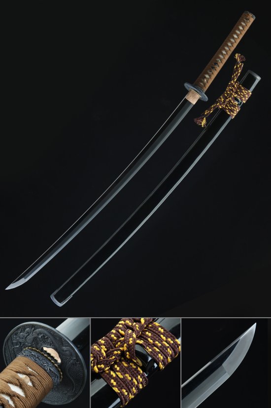 Tamahagane Steel Katana with Dragon Tsuba - Brown Cord Handle & Black Lacquer Saya