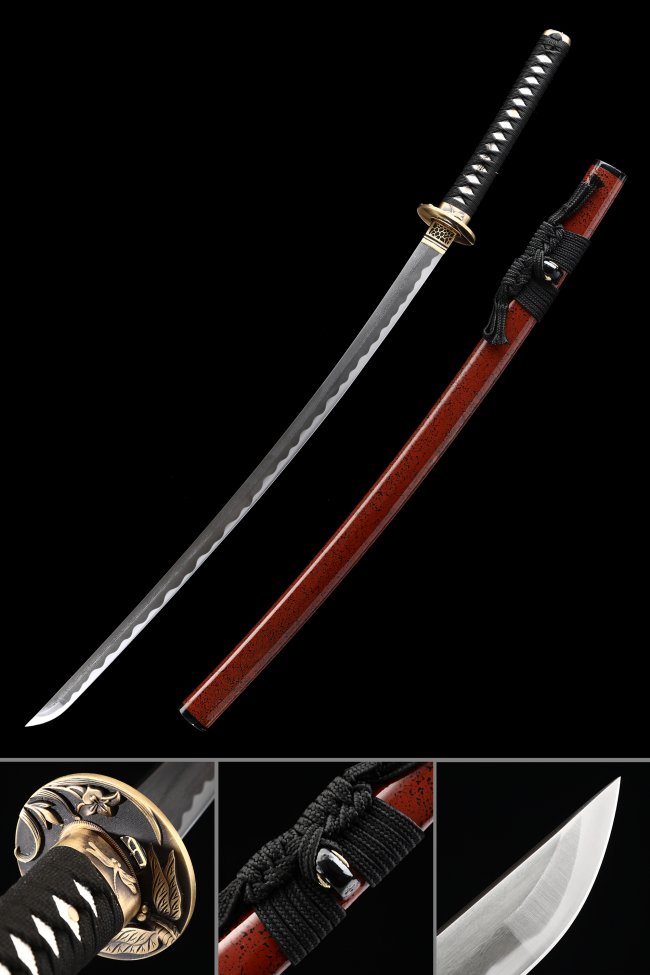 1000-Layer Folded Steel Katana with Red Lacquer Saya - Black Cord Handle, Gold-Black Flower Tsuba