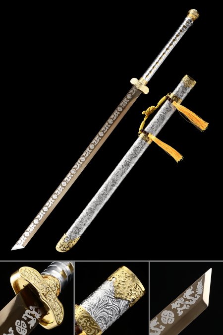 Japanese Straight Sword Ninjato Sword High Manganese Steel With Golden Blade And Silver Scabbard
