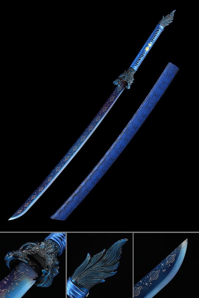 Blue 1045 Steel Katana with Planet-Engraved Blade and Tiger Tsuba - Cosmic Theme Collectible Sword