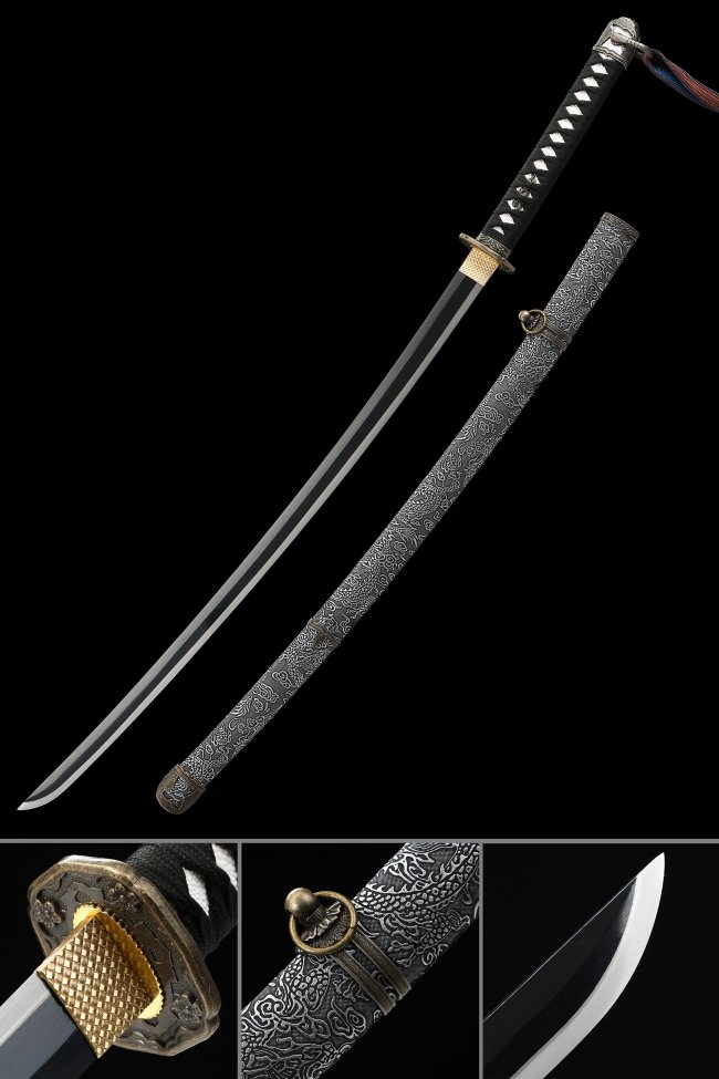Manganese Steel Black Blade Katana with Dragon-Engraved Silver Saya in Koshirae Style
