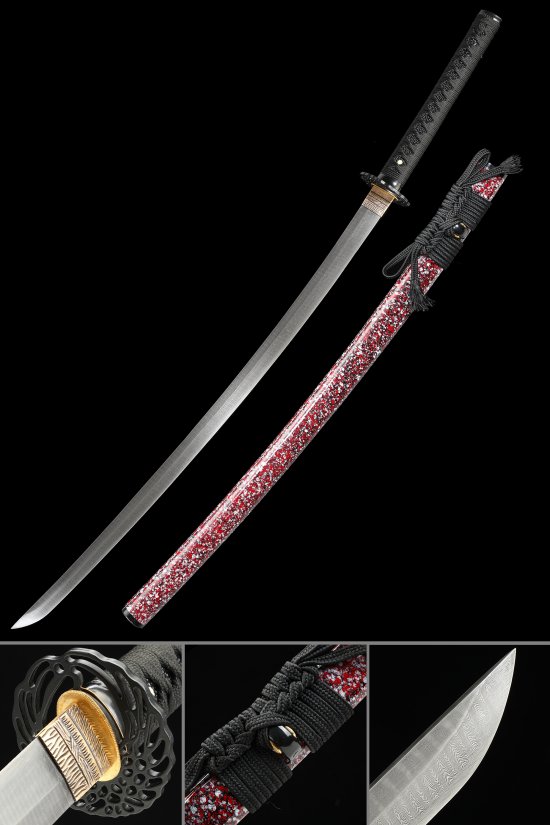 Damascus Steel Katana with Red-White Marble Lacquer Saya - Black Tsuka, Ornate Scroll Tsuba