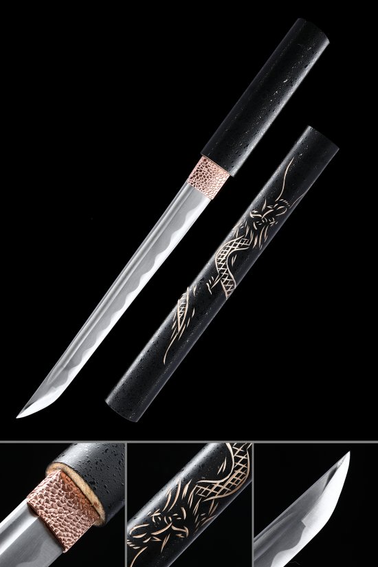 Full Tang 1095 Carbon Steel Tanto, Handmade, Black Finish & Black Dragon-Engraved Hardwood Saya