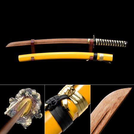 Handmade Brown Wooden Blunt Unsharpened Blade Wakizashi Swords With Yellow Scabbard