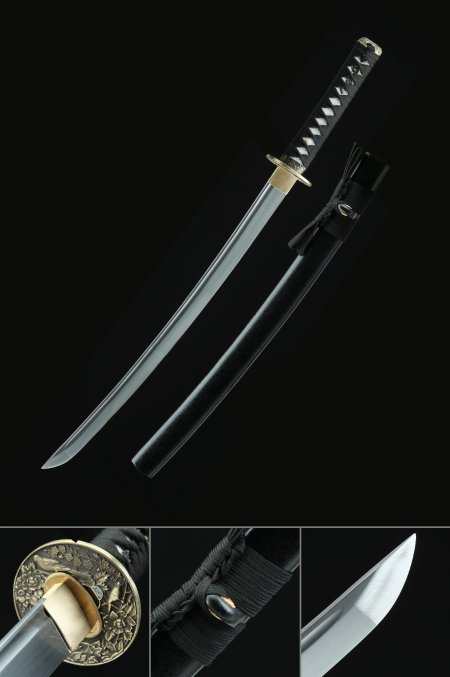 Épée Japonaise Wakizashi Faite à La Main En Acier Au Manganèse Avec Fourreau Noir