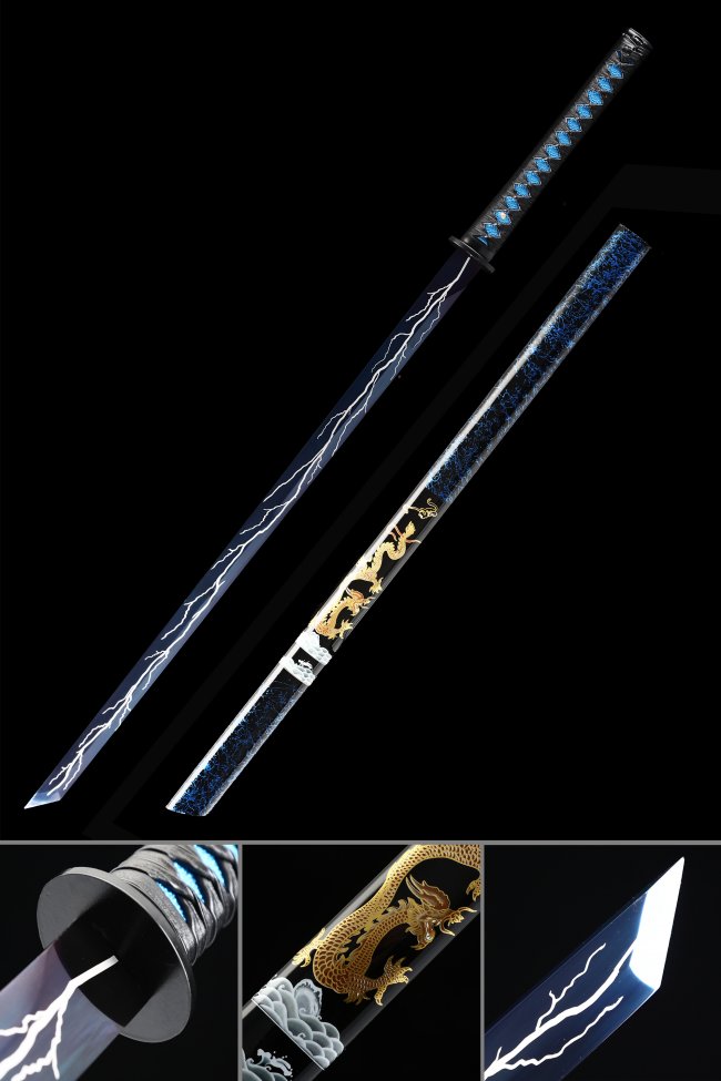 Chokuto Ninjato Straight Sword in Manganese Steel with Blue Lightning Blade and Dragon Saya