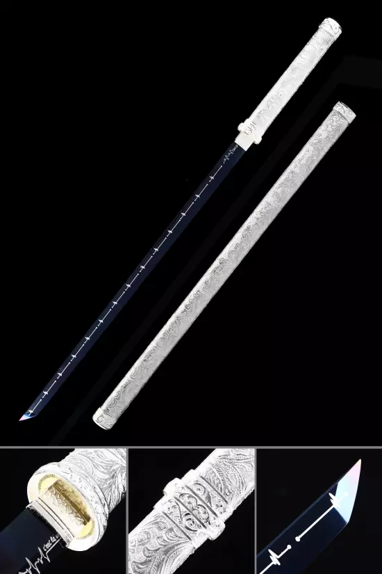 Handmade Ninjato Straight Japanese Sword High Manganese Steel Full Tang With Blue Blade