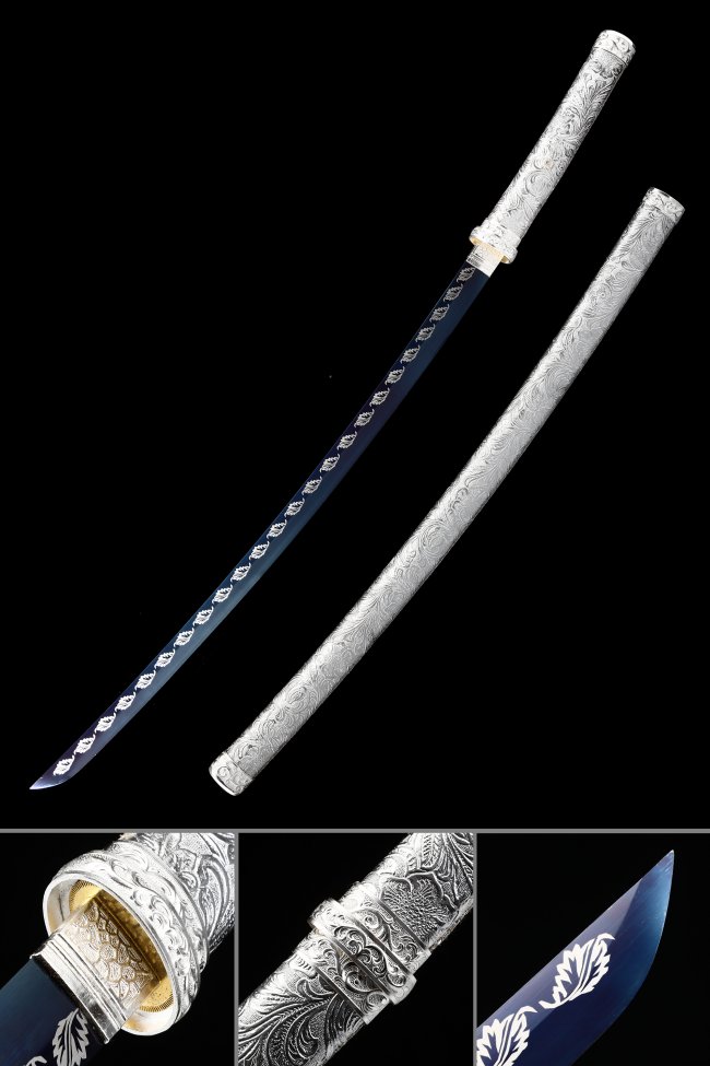 Manganese Steel Blue Blade Katana with Silver Engraved Saya and Floral Koshirae