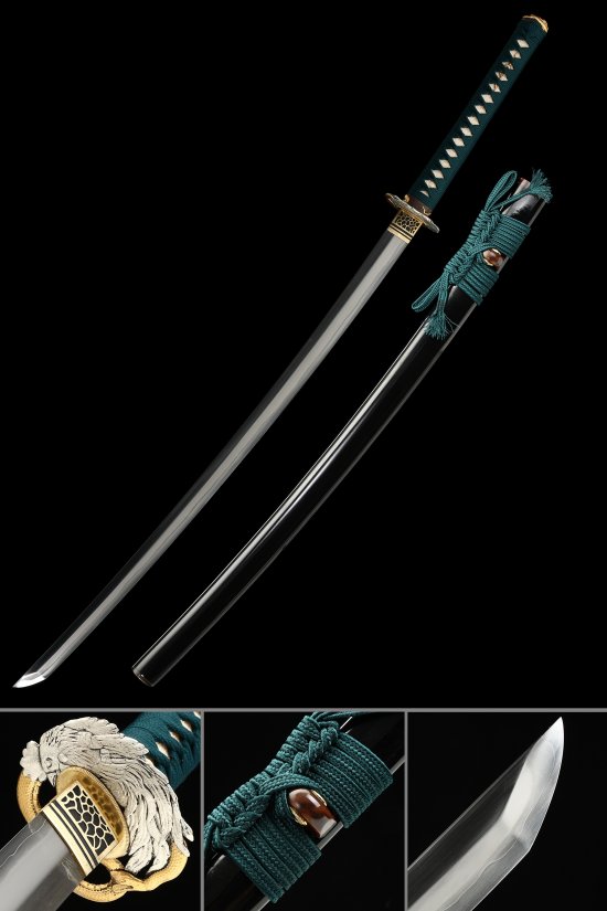 Manganese Steel Katana with Hamon Blade, Gold Alloy Tsuba & Teal Ito - Black Lacquer Saya