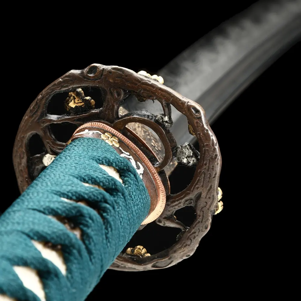 Damascus Katana | Damascus Steel Katana with Teal Marble Hardwood