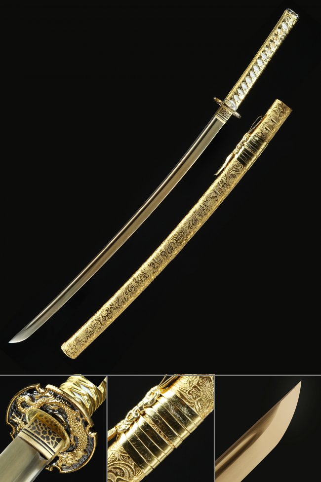 Golden Katana Sword - 1045 Steel Blade with Dragon Tsuba in Gold PU Leather Saya Collectible
