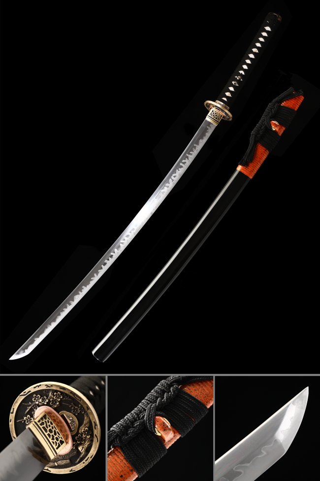 T10 Carbon Steel Katana with Hamon - Black Lacquer Saya, Orange & Black Tsuka, Gold Cherry Blossom Tsuba
