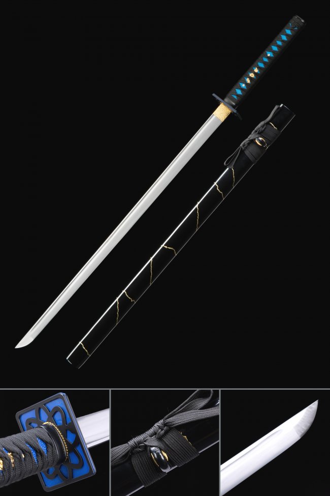 1095 Carbon Steel Ninjato with Black-Gold Lightning Saya & Blue Geometric Tsuba - Real Ninja Sword