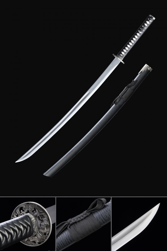 Nihonto Katana in High Manganese Steel with Dragon Tsuba and Black Lacquer Saya