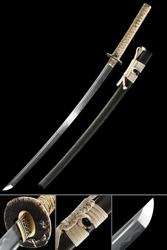 Damascus Steel Katana with Koi Tsuba - Black Lacquer Saya, Beige Ito & Gold-Black Fittings