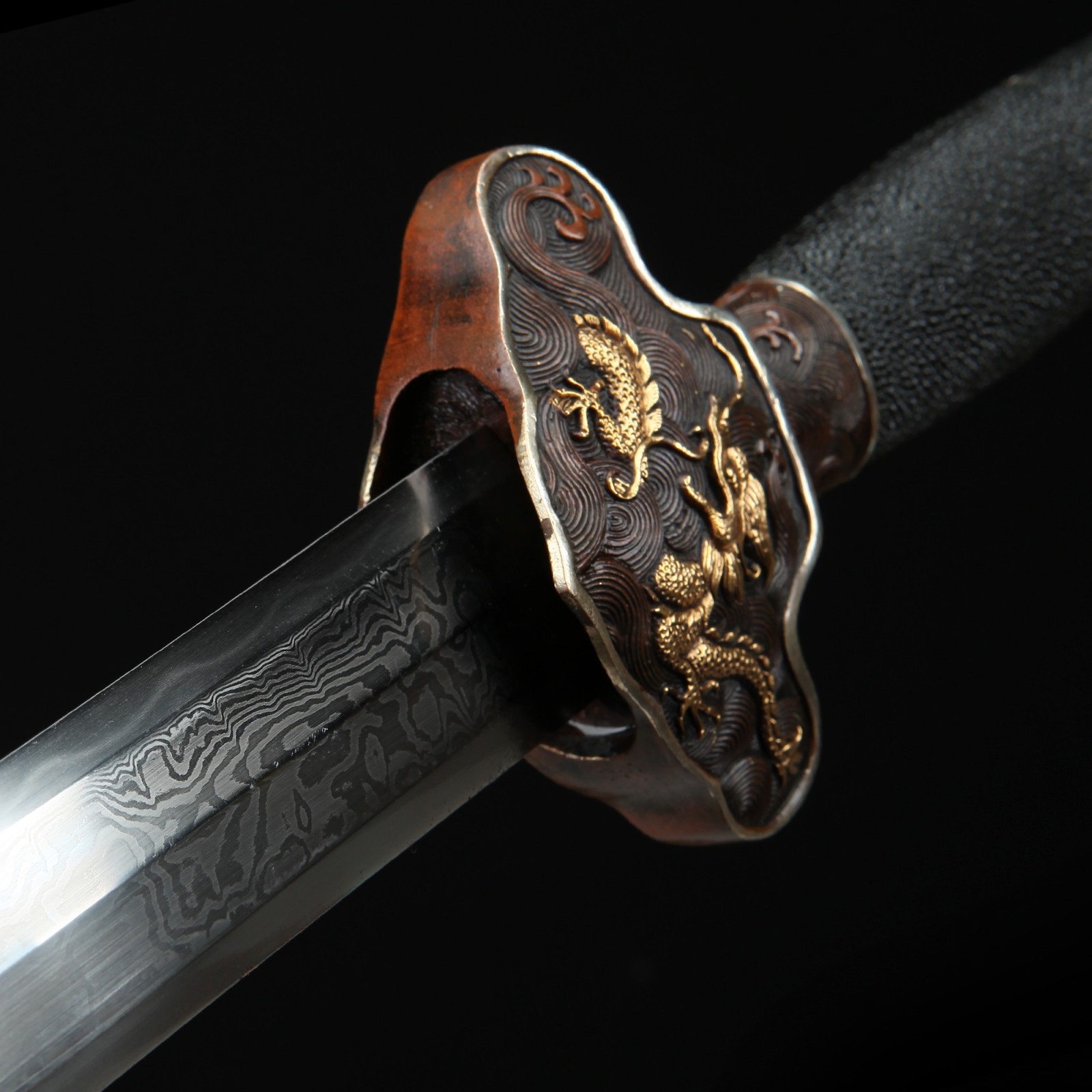 Jian Sword | Black Rayskin Chinese Dragon Theme Damascus Steel Clay ...