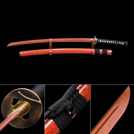 Handmade Rosewood Blade Unsharpened Katana Sword With Red Scabbard And Copper Tsuba