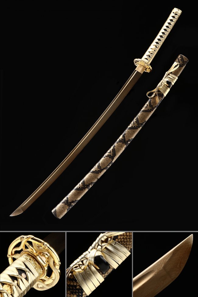Golden Damascus Steel Katana with Snake Tsuba and Python-Pattern Saya - Full Tang Collectible Sword