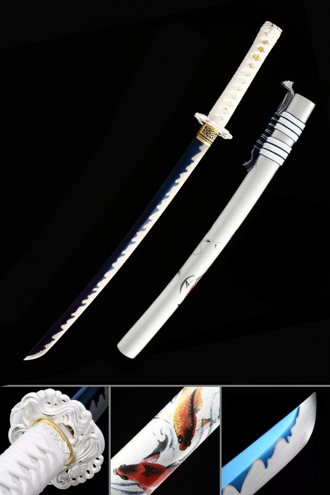 Manganese Steel Wakizashi with Blue Flame Blade and Koi Fish Painted Silver Saya - White Ito Wrap