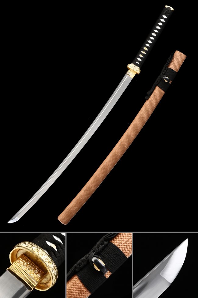 Manganese Steel Katana with Brown Rayskin Saya - Gold Scroll Tsuba, Black Tsuka