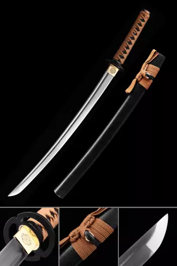 1060 Carbon Steel Wakizashi with Black Lacquer Saya - Orange Ito