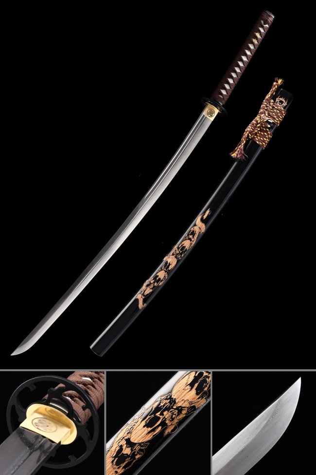 1000-Layer Folded Steel Katana with Skull-Engraved Black Saya and Brown Ito