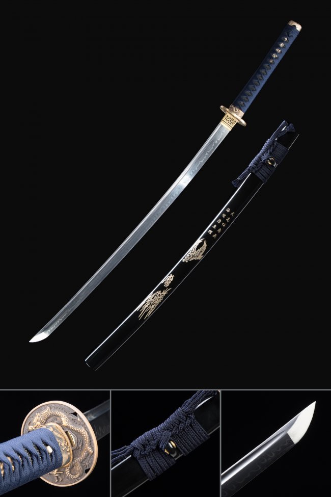 T10 Steel Katana with Gold Dragon Tsuba in Black Piano Lacquer Saya - Dark Blue Wrap
