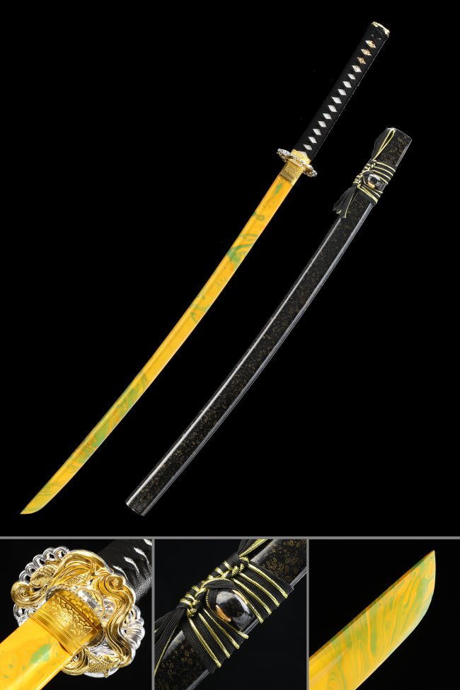 1045 Carbon Steel Katana with Yellow Painted Blade and Gold Snake Tsuba in Black Gold-Flecked Saya