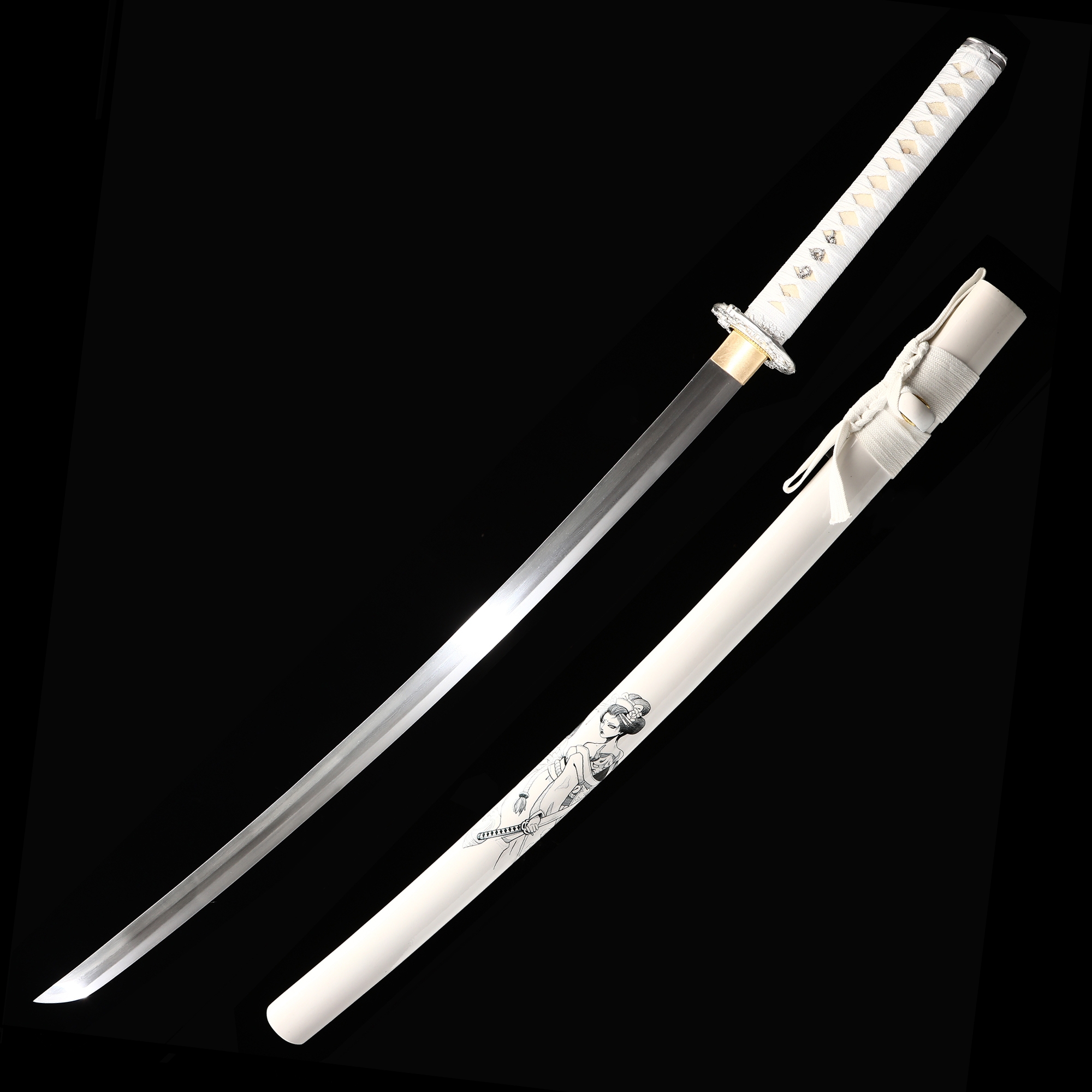 White Katana | Damascus Steel White Katana with Manga-Themed Saya
