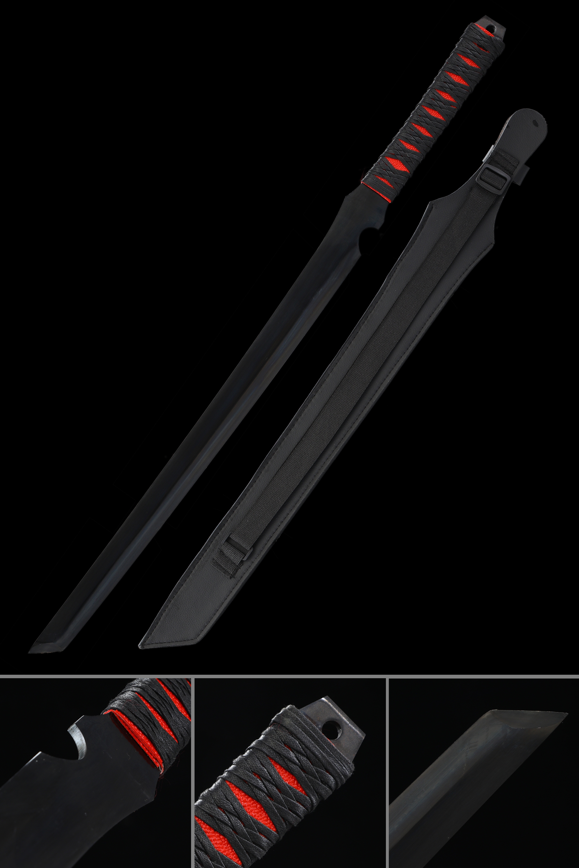 Handmade Fantasy Sword With Black Blade And Leather Scabbard