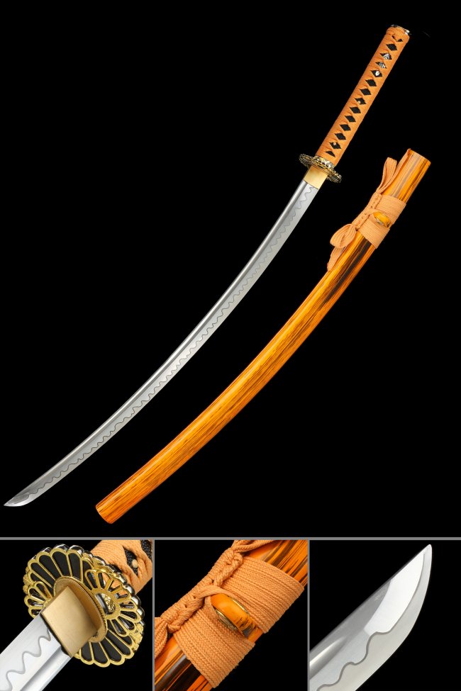 Orange Katana with Manganese Steel Blade - Chrysanthemum Gold-Black Tsuba, Hardwood Saya