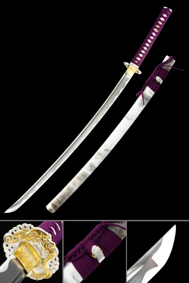 White Marble Saya Katana 1060 Carbon Steel with Purple Handle and Koi Tsuba