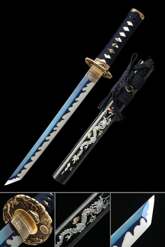 Tanto Replica in 1095 Carbon Steel with Blue Flame Blade, Gold Dragon Tsuba & Black Lacquer Saya