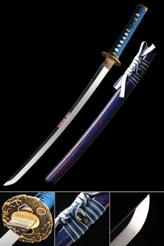 1095 Carbon Steel Wakizashi with Blue-Red Lacquer Saya - Gold Crane Tsuba Short Katana