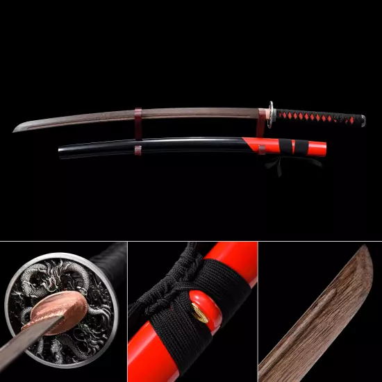 Handmade Brown Wooden Blunt Unsharpened Blade Katana Samurai Swords With Black Scabbard
