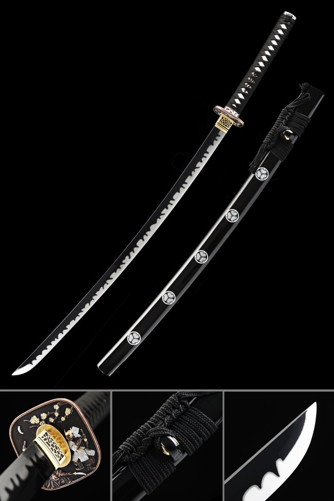 Spring Steel Katana with Black Saya and Samurai Tsuba - Full Tang Collectible Sword in Black and Silver