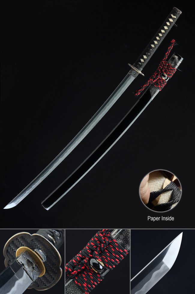 T10 Carbon Steel Katana with Real Hamon, Full Tang - Black & Red Ito, Ornate Scroll Tsuba