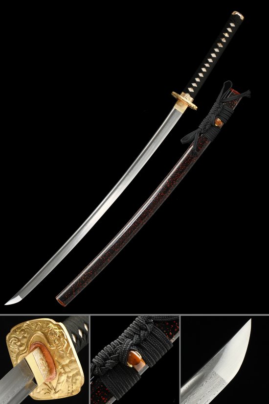 Damascus Steel Katana with Gold Lion Tsuba, Black-Red Lacquer Saya & Black Ito